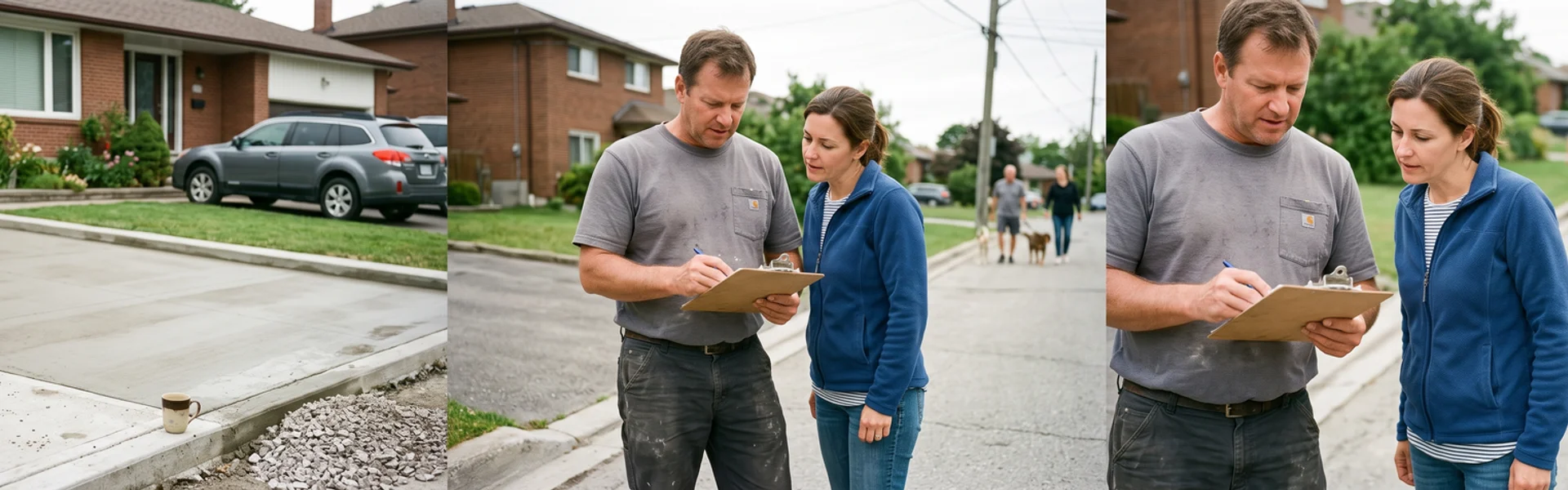 Concrete contractor reviewing a written quote with a homeowner beside a Toronto driveway