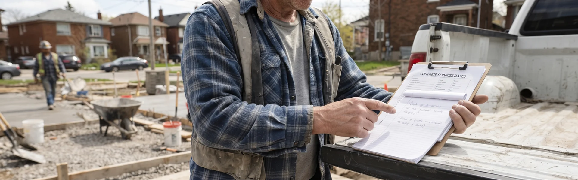 Printed concrete rate card and written quote on a clipboard at a Toronto job site