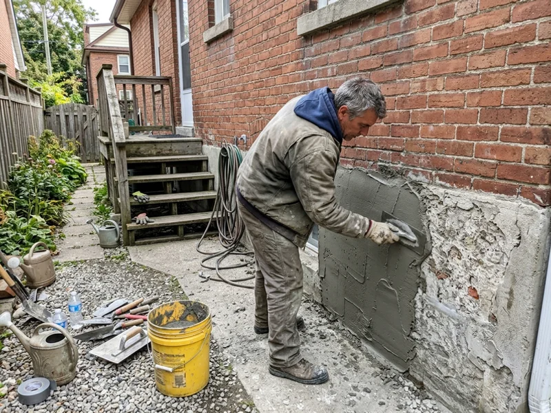 Above-grade foundation wall being parged to restore a salt-spalled surface