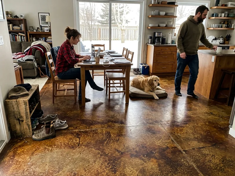 Acid-stained concrete floor with variegated brown and amber mottling