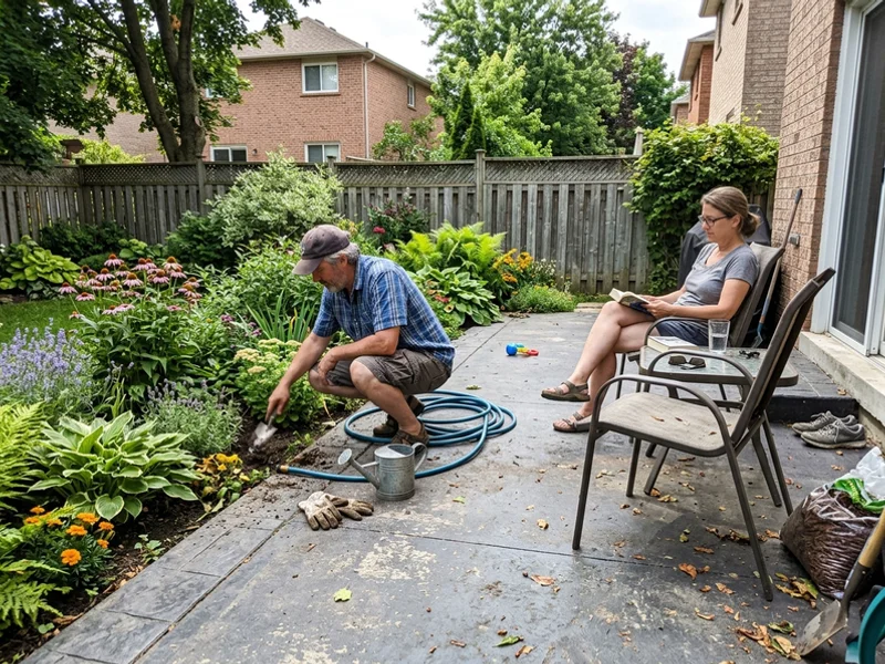 Coloured concrete patio with a stamped slate border