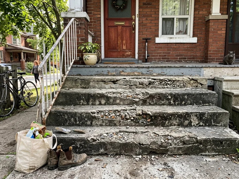 Spalled concrete front steps with crumbling tread noses