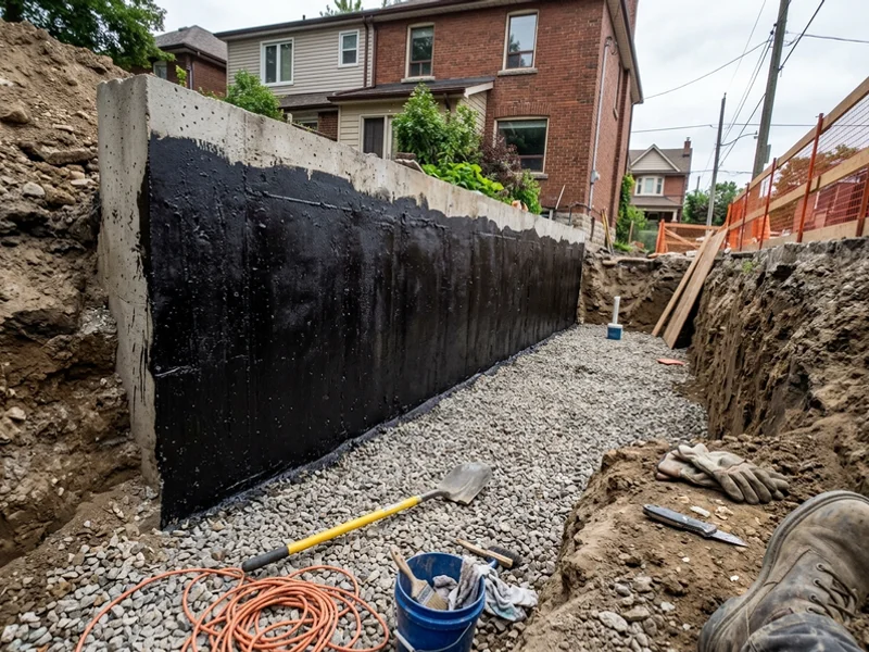 Below-grade foundation wall with waterproof coating applied before backfill