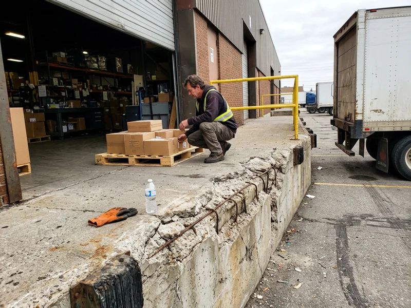Broken dock edge with exposed rebar and trailer impact damage