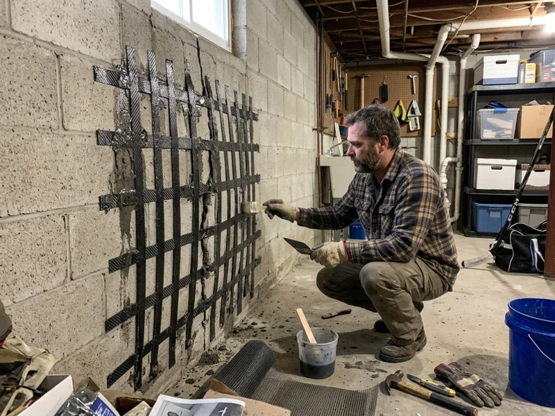 Carbon-fibre stitching grid bonded to a bowing basement wall