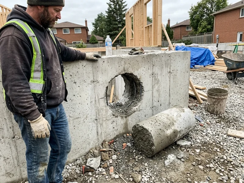 Circular cored opening through a foundation wall with the core plug beside it