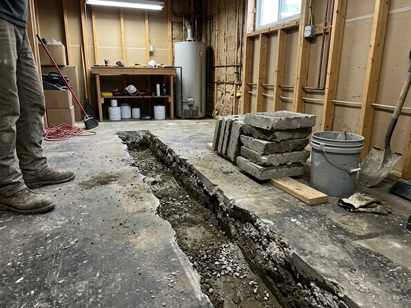 Clean saw-cut trench opened in a basement floor with removed sections stacked