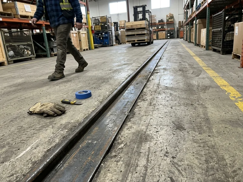 Armoured steel joint edge installed flush in a warehouse slab