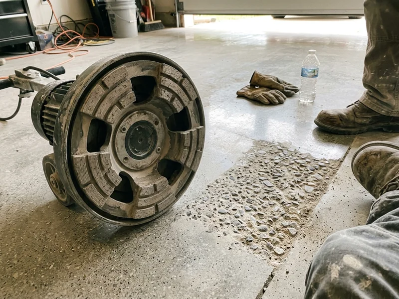 Diamond abrasive tooling beside a partially polished concrete surface