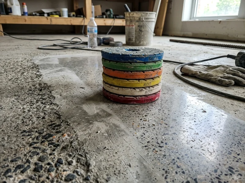 Resin diamond polishing pads stacked by grit beside a polished surface