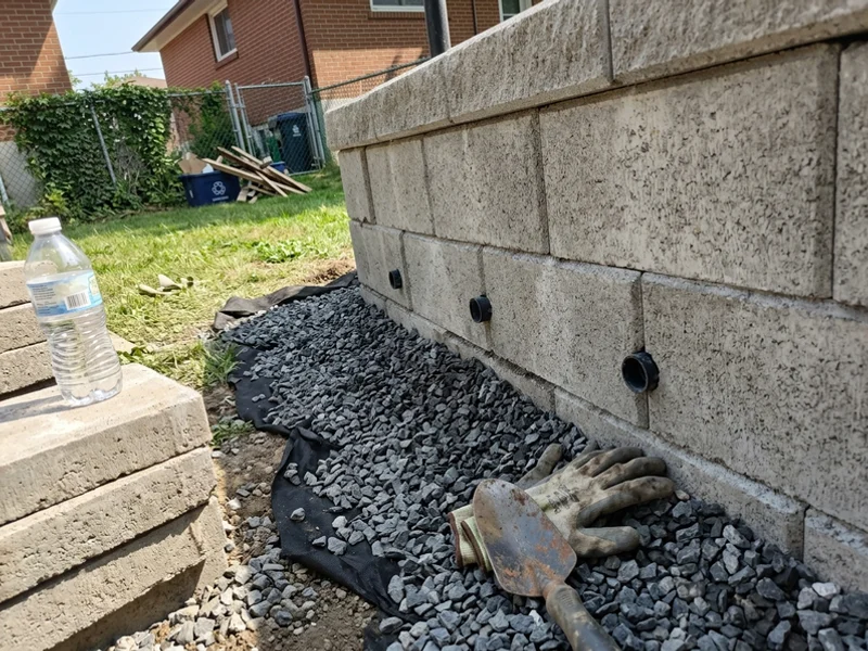 Weep holes and drainage gravel detail at the base of a retaining wall