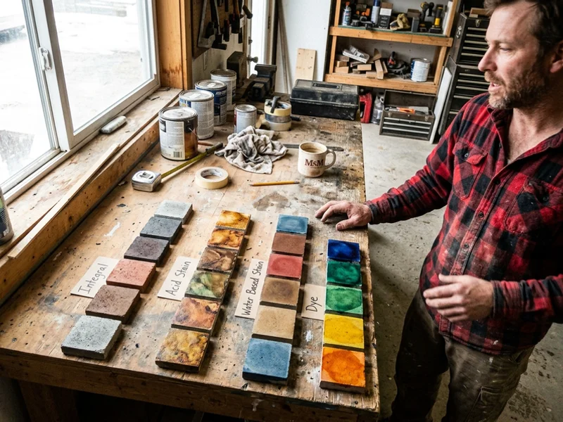 Colour sample boards showing pigment, acid stain, water-based stain and dye