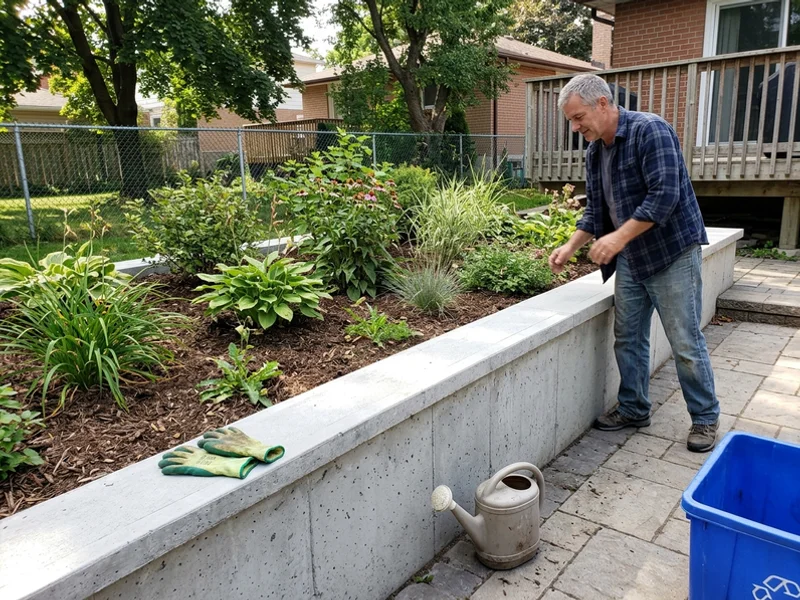 Completed poured concrete retaining wall with a clean cap and planted bed