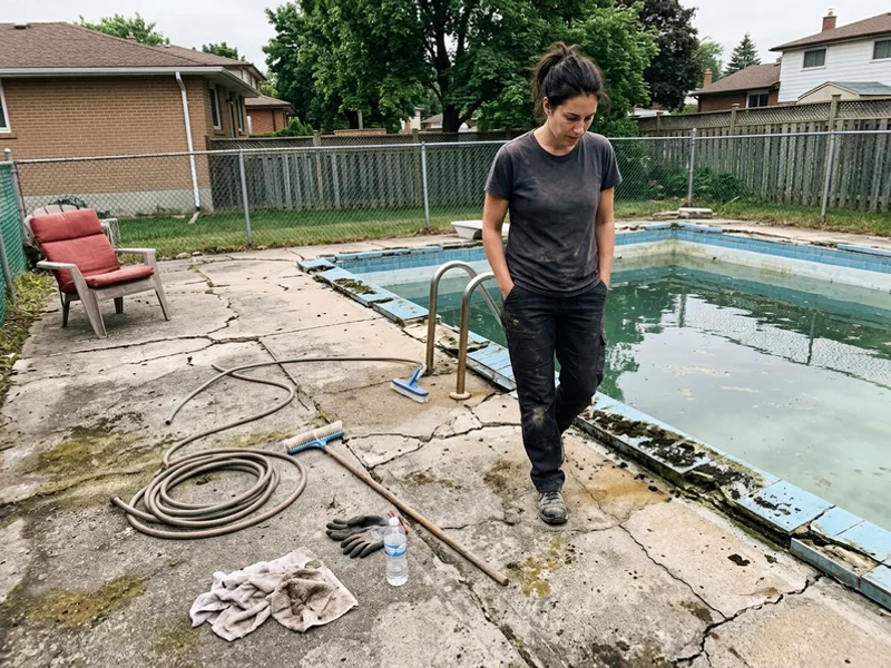 Cracked and stained pool deck before resurfacing