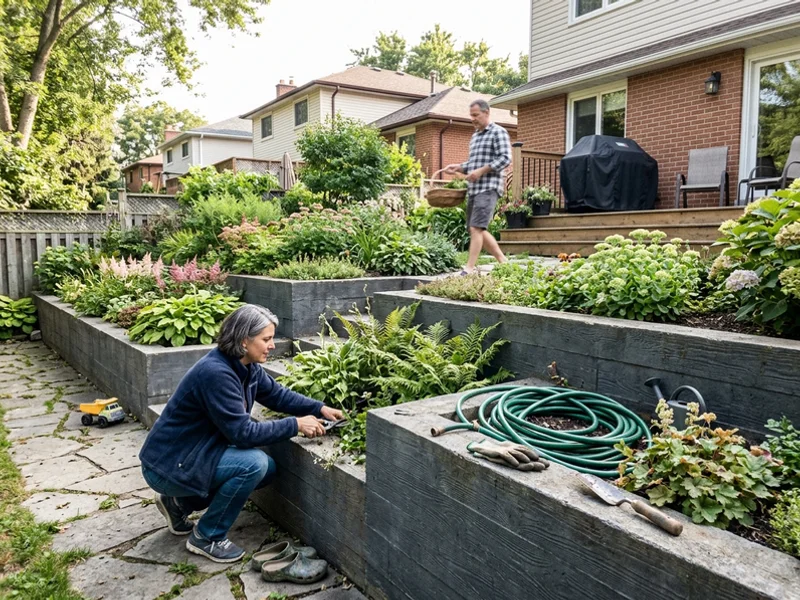 Decorative board-formed retaining wall forming a terraced garden