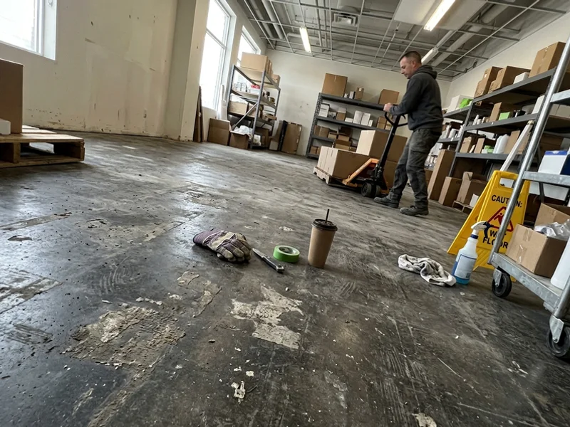 Dull stained retail floor with adhesive residue before polishing