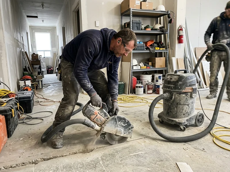 Dust extraction connected to a concrete saw in an occupied commercial space