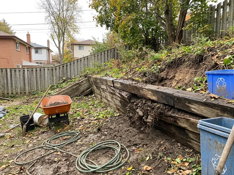 Failing timber retaining wall leaning forward before replacement