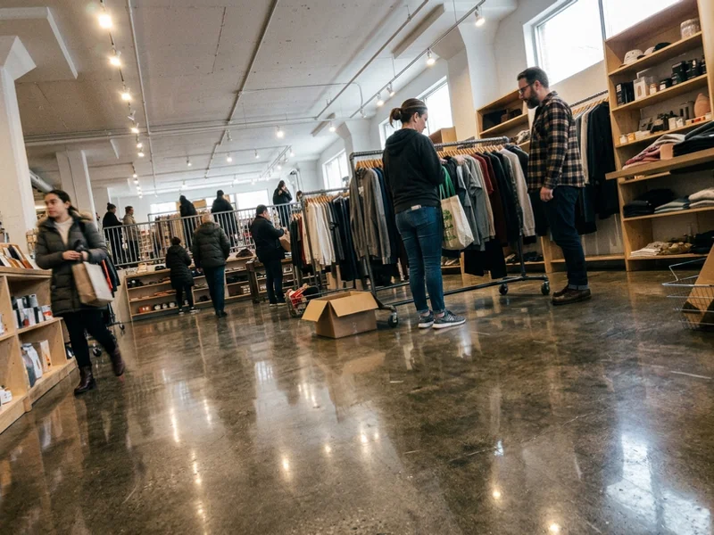 Finished high-gloss polished retail floor with mirror-like reflections