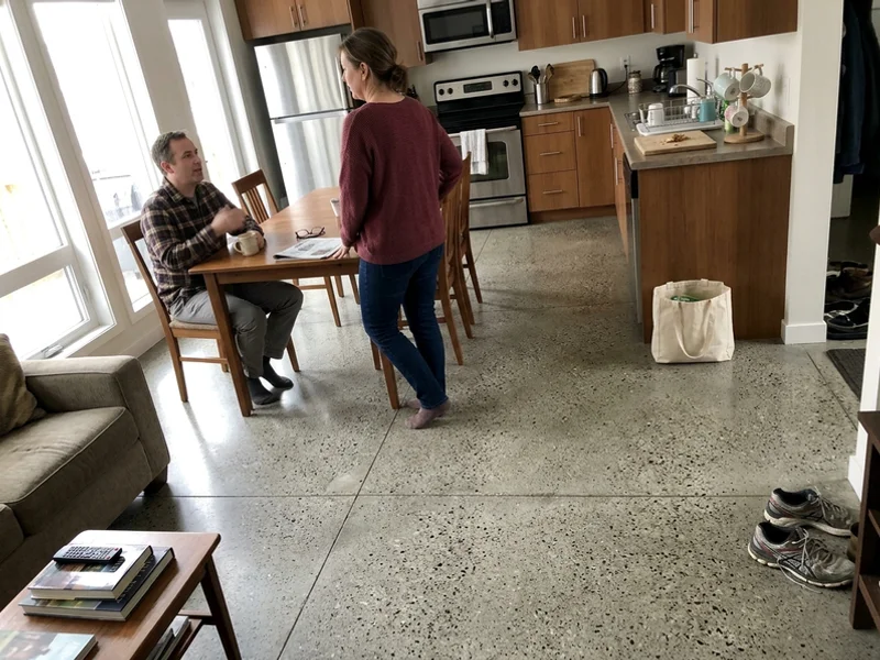 Finished polished floor with salt-and-pepper aggregate exposure