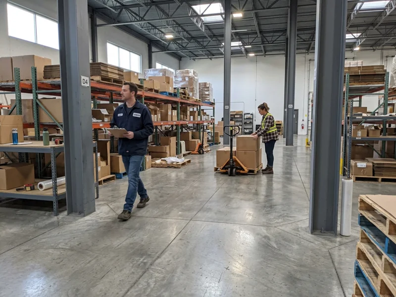 Finished warehouse floor with a hard-trowelled sheen and straight joints