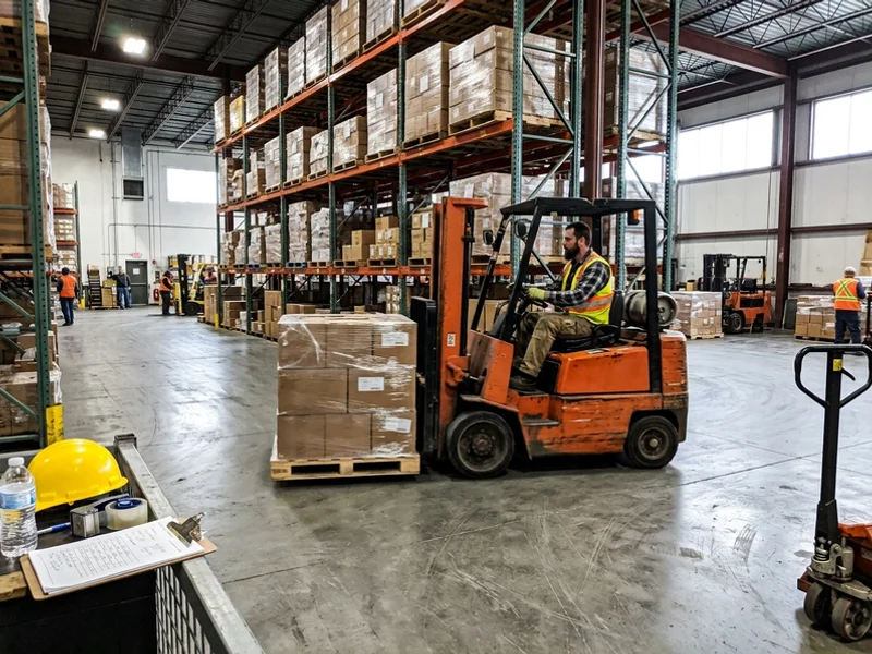 Forklift operating on a newly poured warehouse floor beside racking