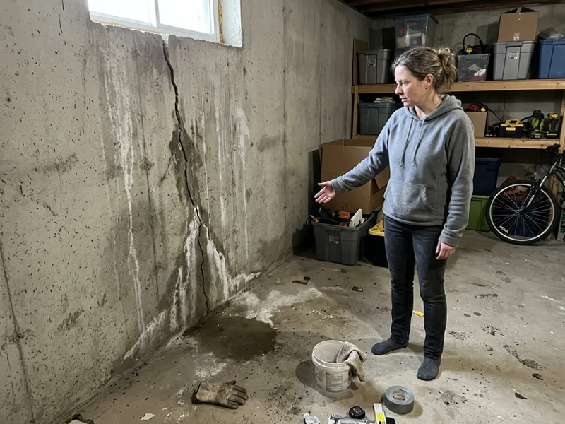 Foundation wall crack with water staining and efflorescence before repair
