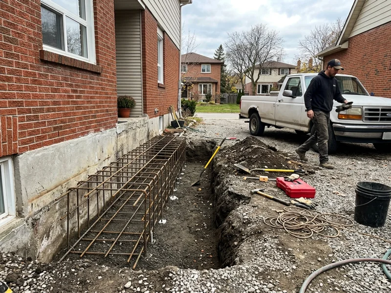 Frost footing excavation with rebar cage set for a new stair pour