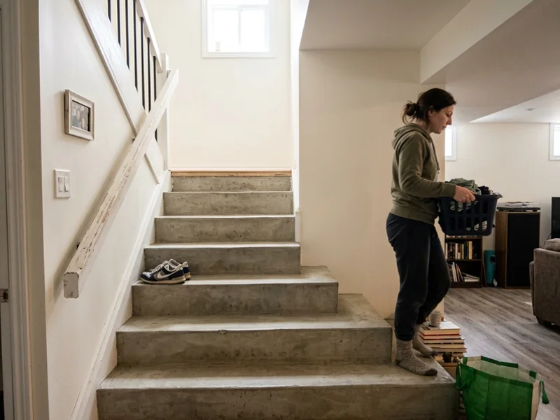 Interior concrete basement stairs with a smooth trowelled finish