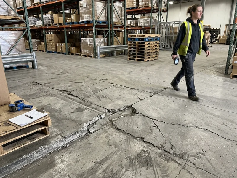 Old industrial slab with cracked panels and spalled joints