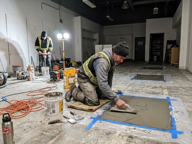 Overnight floor repair crew working under work lights in a retail space
