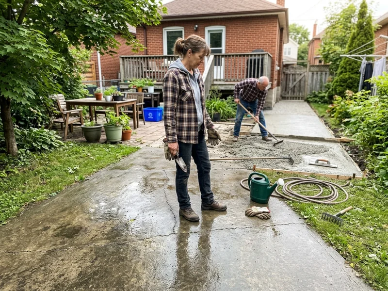 Worn smooth grey walkway before exposed aggregate replacement