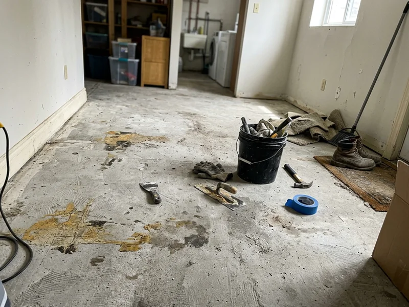 Raw basement concrete floor with adhesive residue before grinding