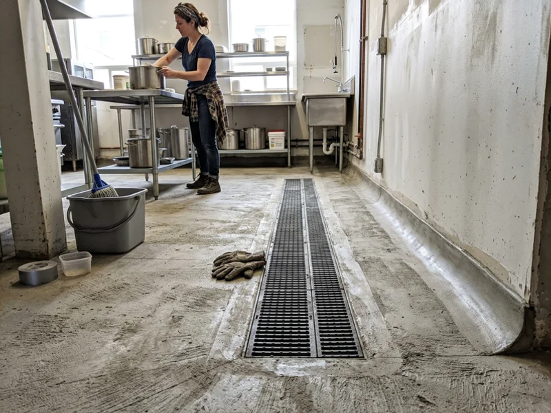 Restaurant kitchen floor with trench drain and coved edge detail