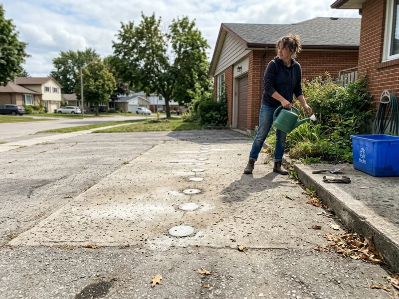 Row of patched injection ports across a lifted driveway