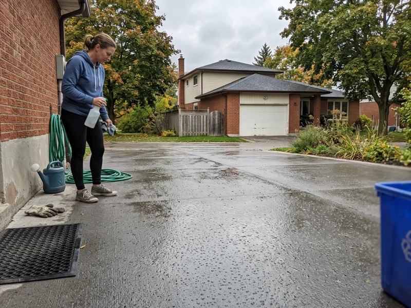 Sealed driveway with even tone and water beading on the surface