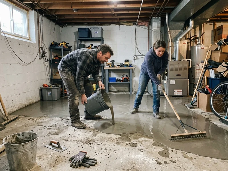 Self-levelling topping being poured across an uneven interior floor