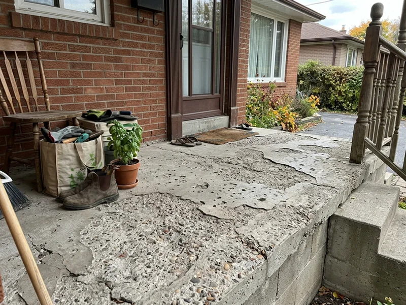 Severely spalled porch deck with delaminated surface