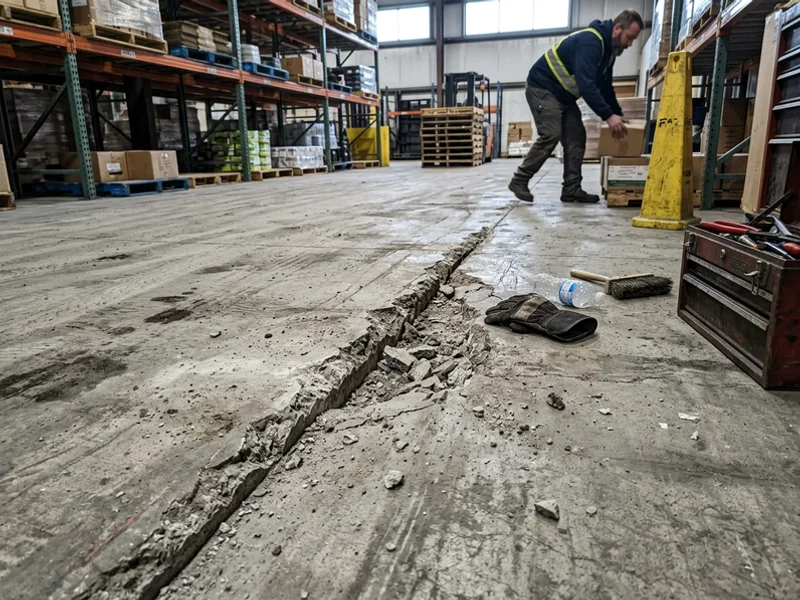 Spalled control joint edges damaged by forklift traffic