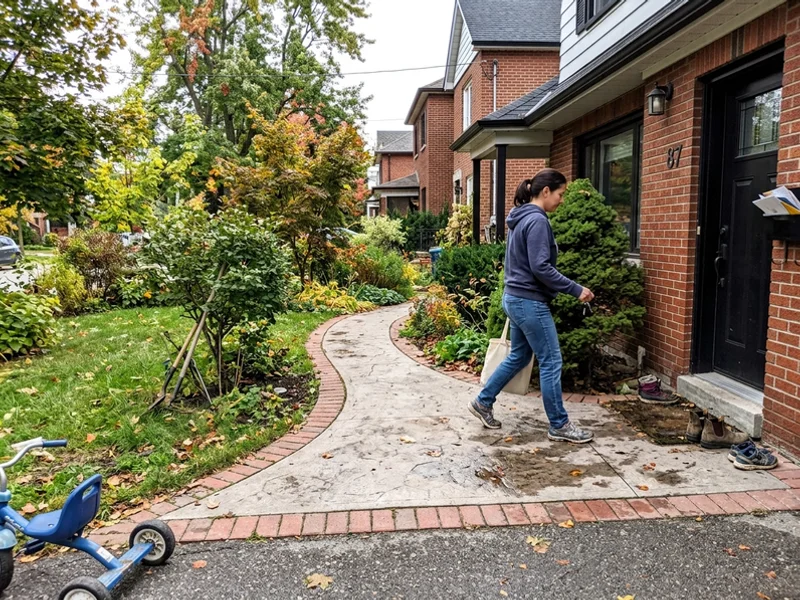 Stamped walkway with a brick border curving to a front entry