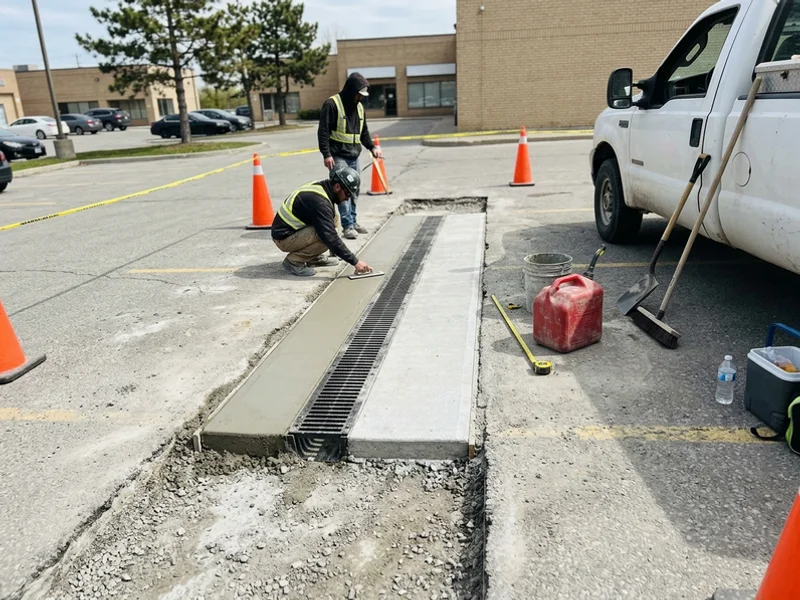 Trench drain apron being rebuilt with surrounding concrete cut back