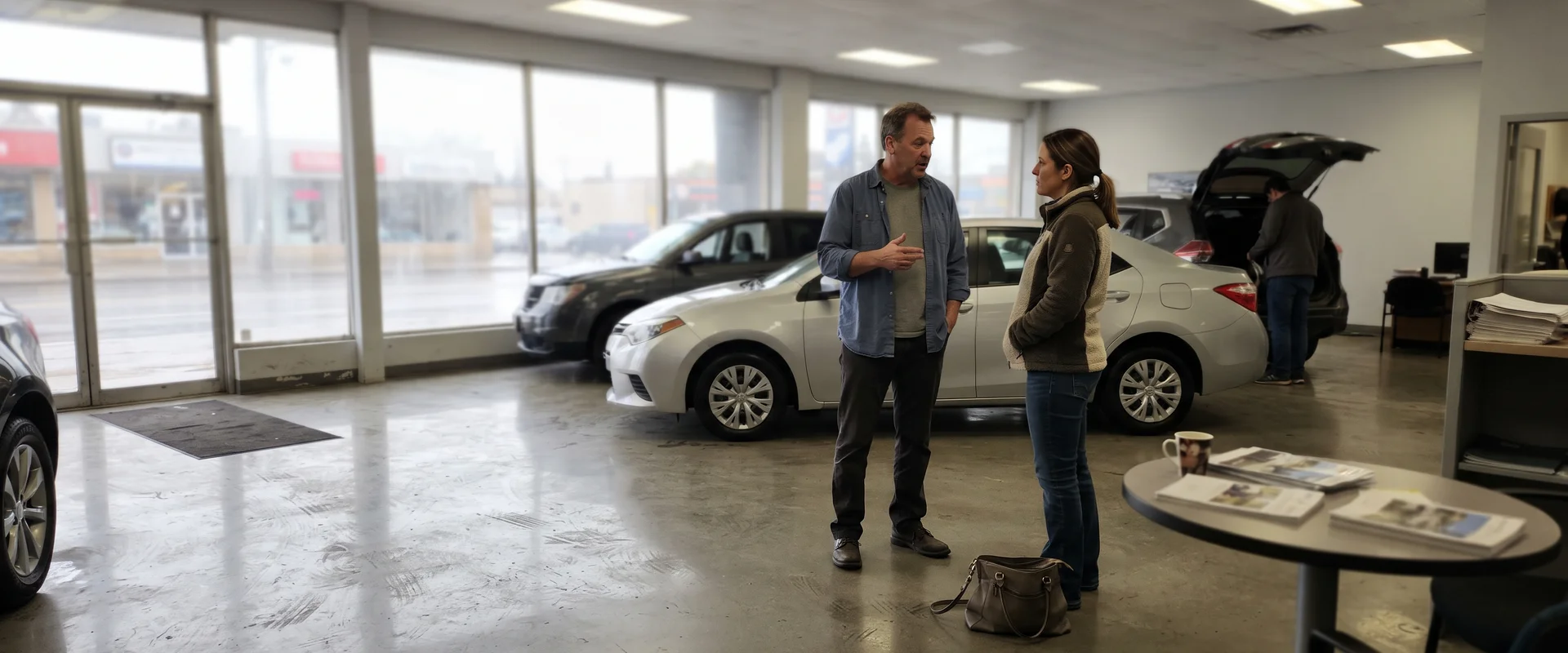 Auto showroom with a high-gloss polished concrete floor reflecting overhead lighting