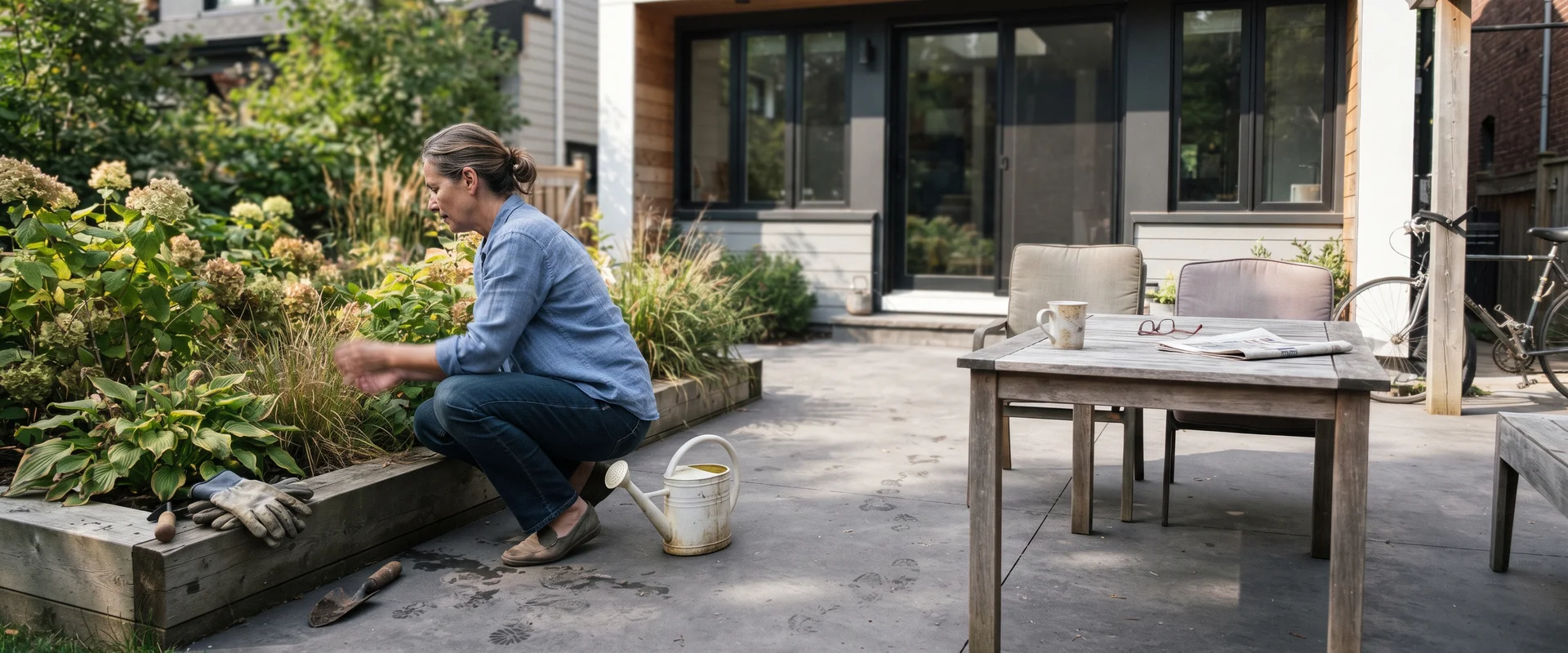 Charcoal integrally coloured concrete patio beside a modern Toronto home