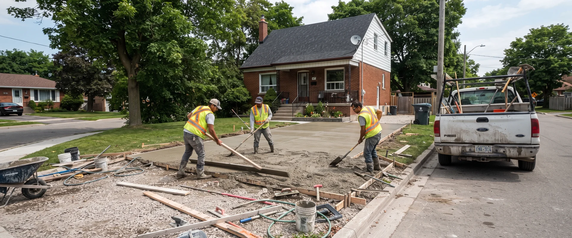 Concrete crew finishing a residential driveway pour in the Greater Toronto Area