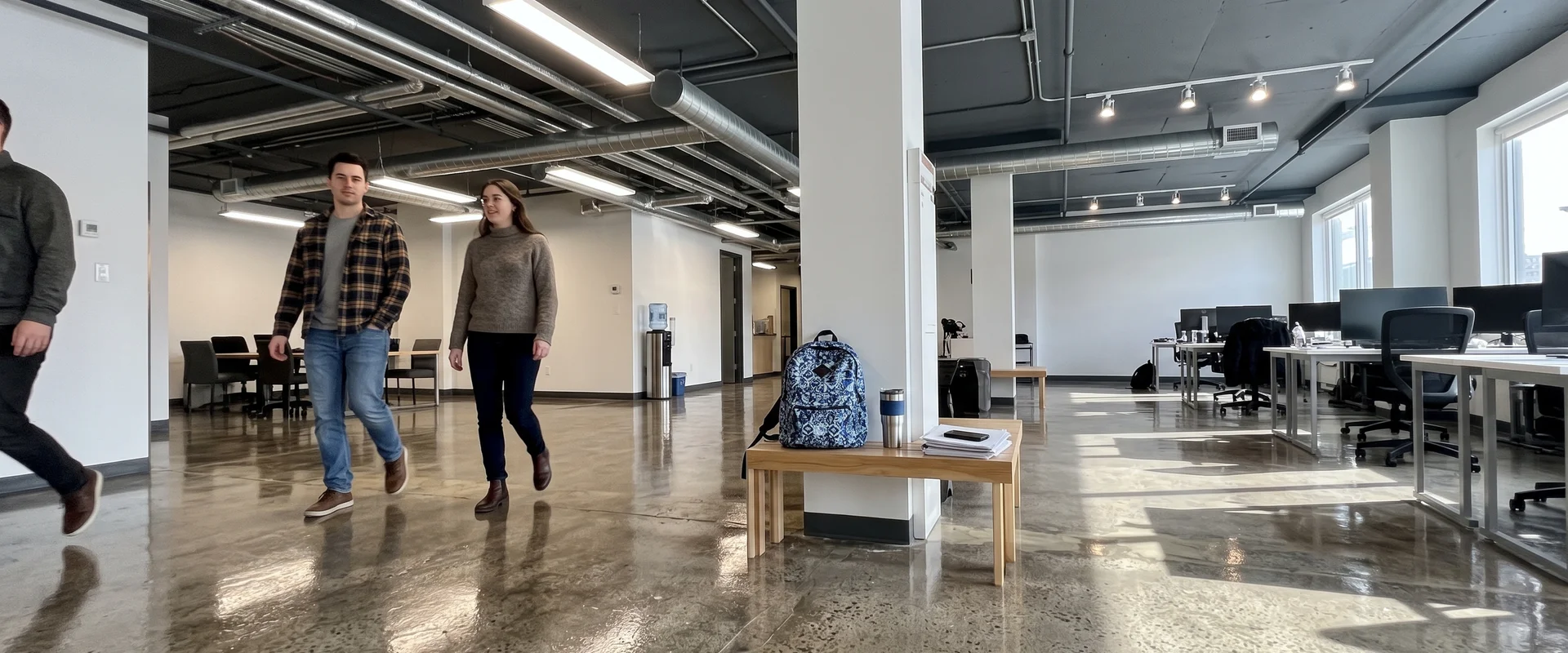 Decorative concrete floor with a clear high-gloss epoxy topcoat in a modern interior