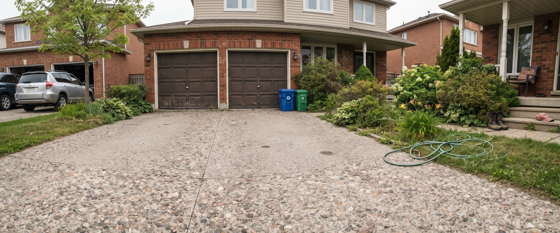 Exposed aggregate concrete driveway with a visible river-stone surface at a GTA home