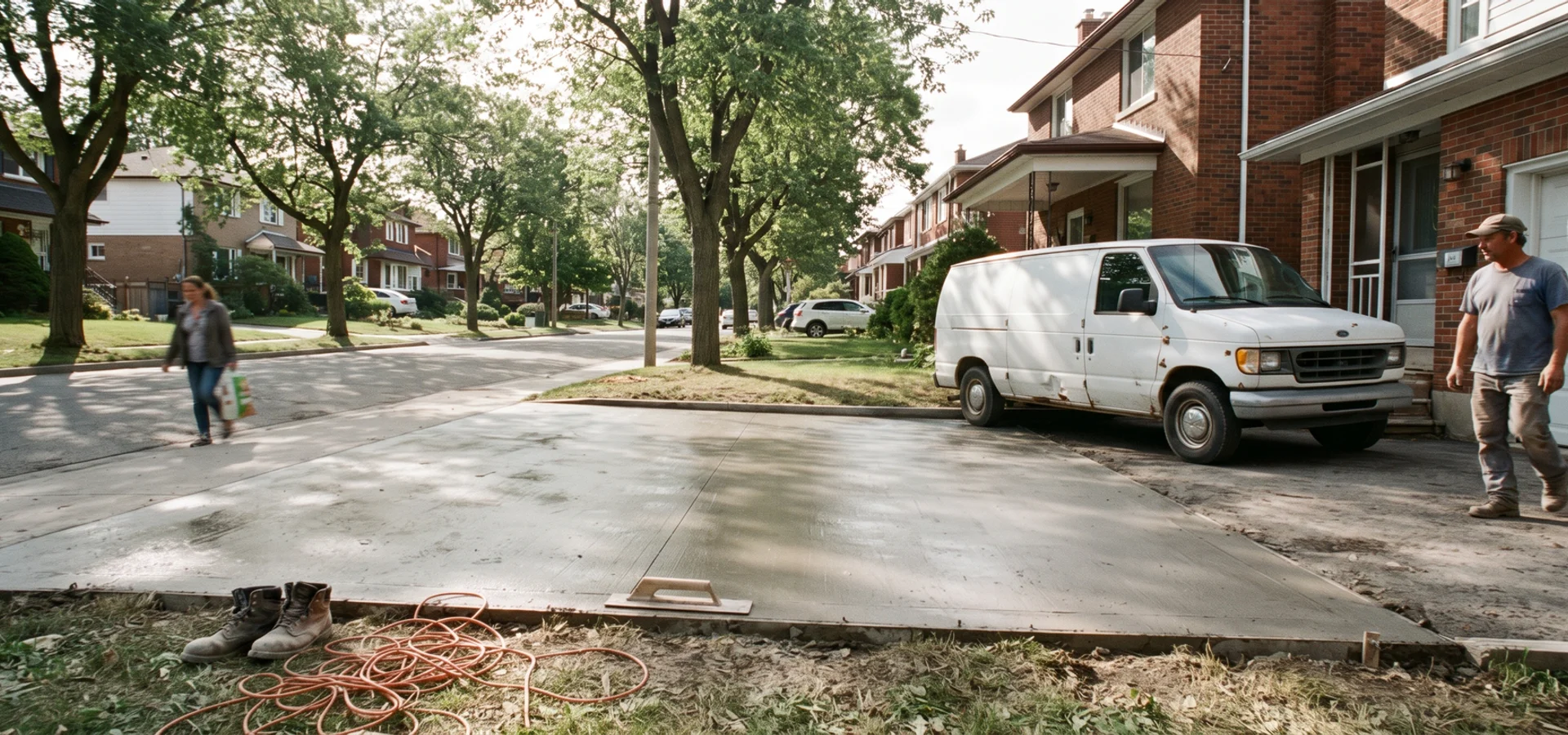 Newly poured residential concrete driveway in front of a two-storey brick home in Toronto