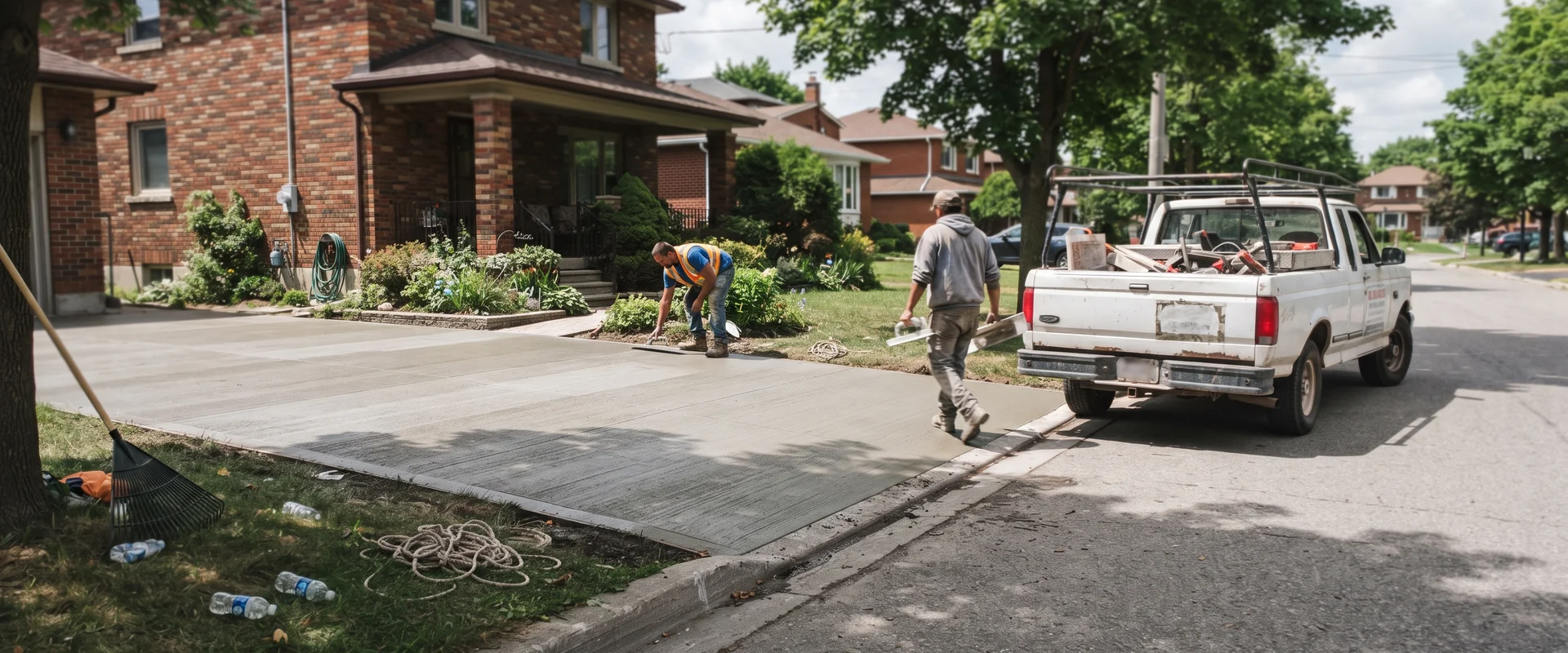 Freshly poured broom-finished concrete driveway in front of a two-storey brick home in Toronto