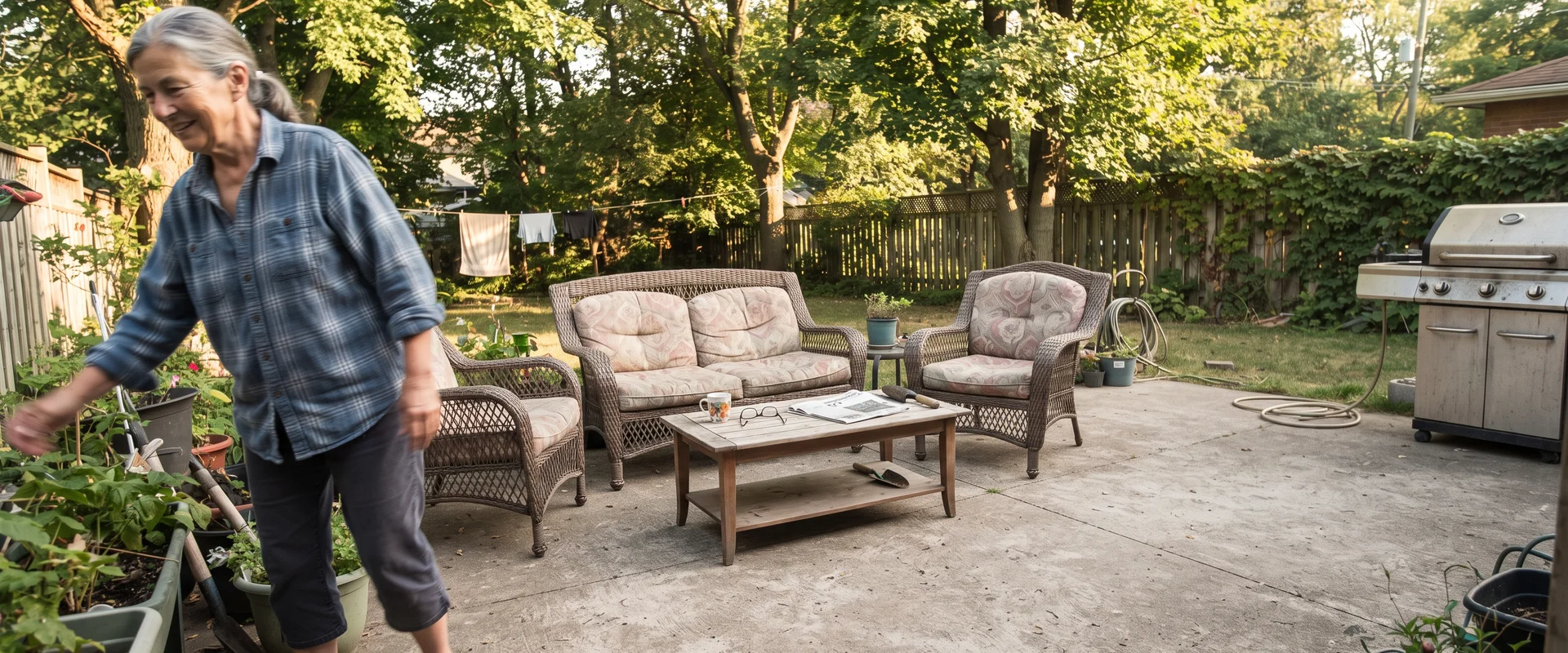 Broom-finished concrete patio in a Toronto backyard surrounded by mature trees