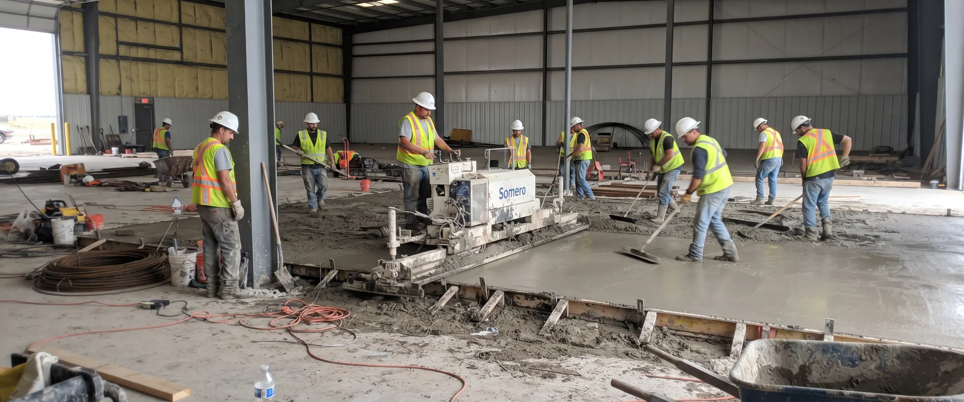 Industrial warehouse slab pour with a laser screed levelling wet concrete
